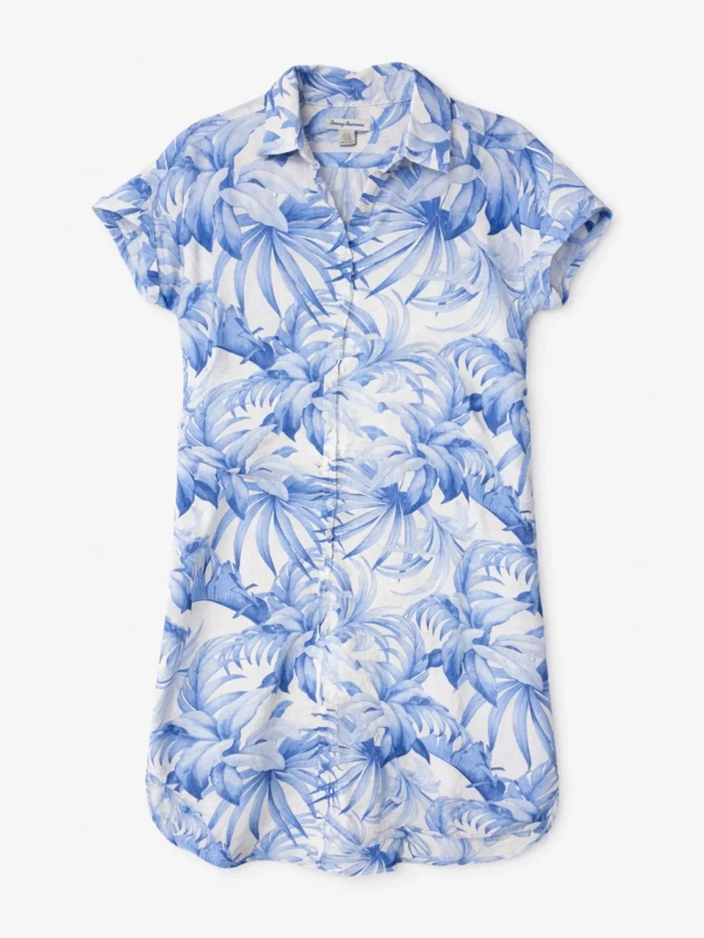 Tommy Bahama Blue Palm Linen Shirt Dress Tropical Button Front Pockets M/L